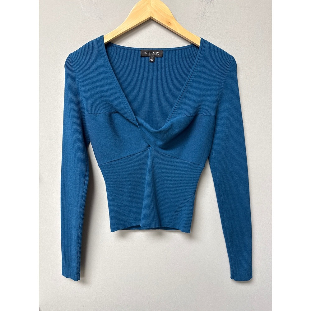 INTERMIX Women's Molly V-Neck Rib Knit Top Blue Womens S Minimalist Casual EUC - Picture 4 of 10